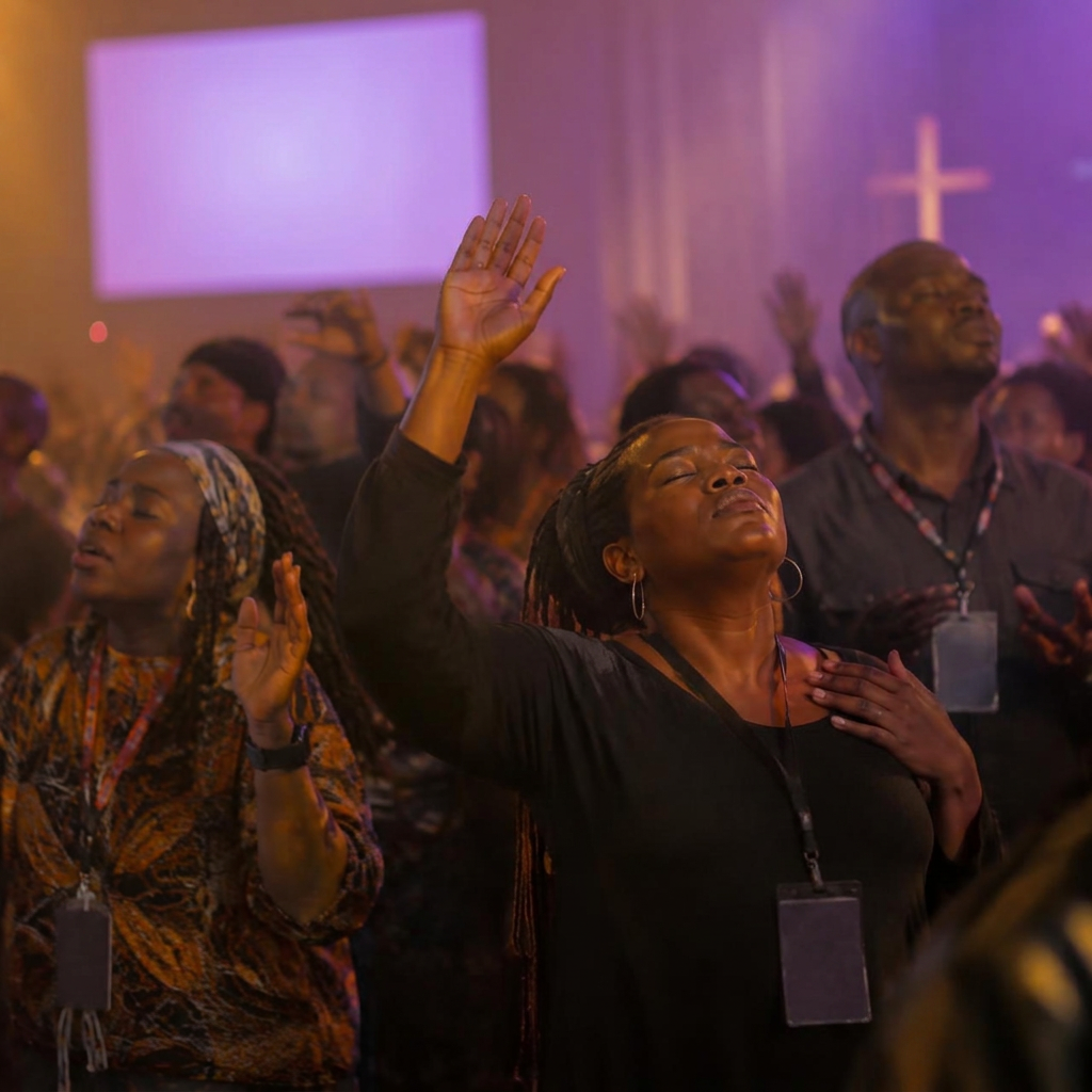 People worshipping with raised hands at a SALEM retreat service